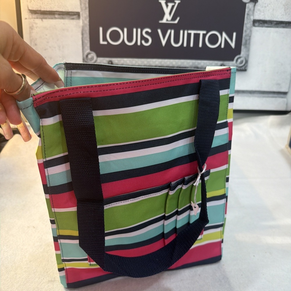 Thirty-One 31 Zip Top Organizing Utility Tote Pockets Striped Playful Pop ~ New